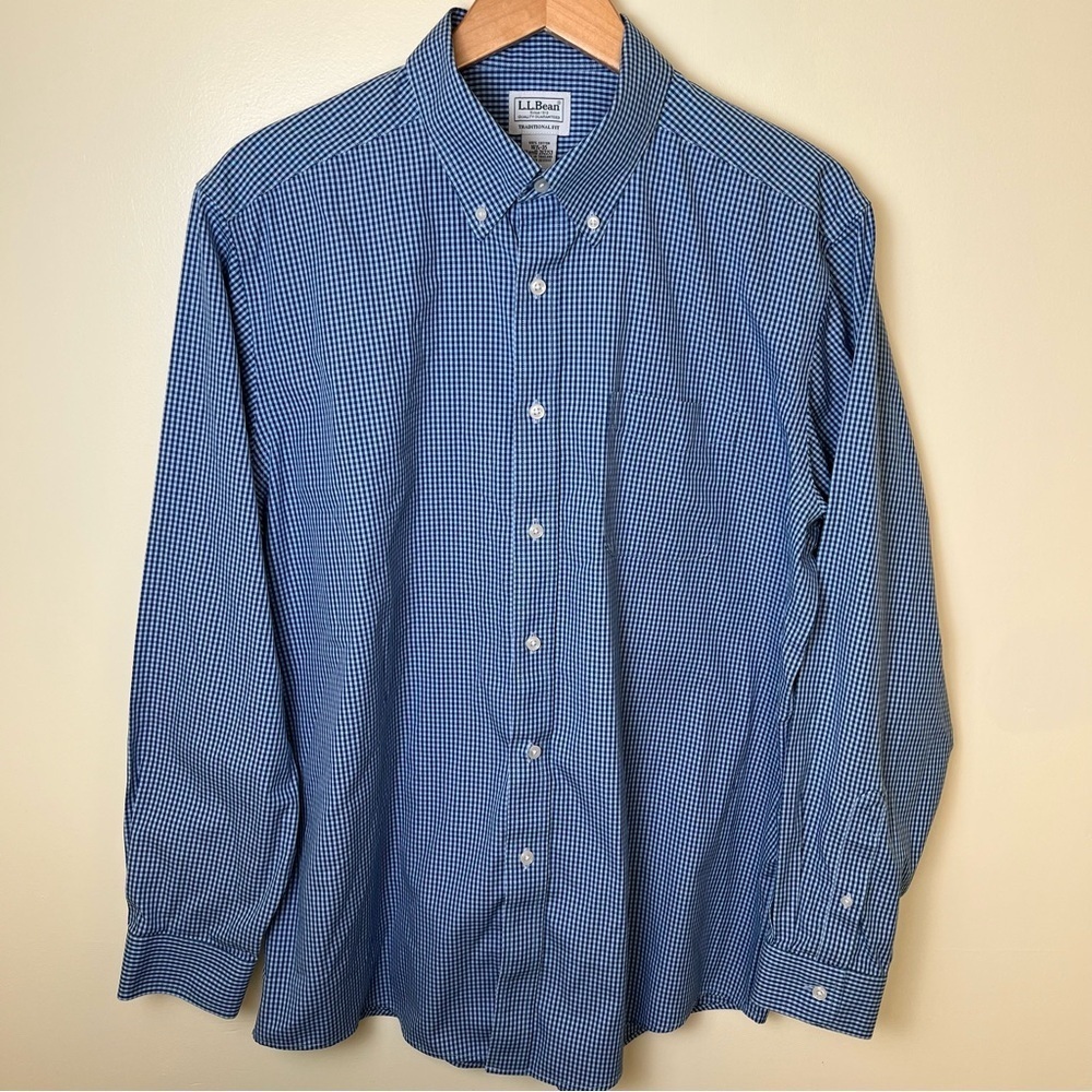 L.L Bean Men’s Gingham Check Button Up Long Sleeve Blue 16.5” Large Traditional